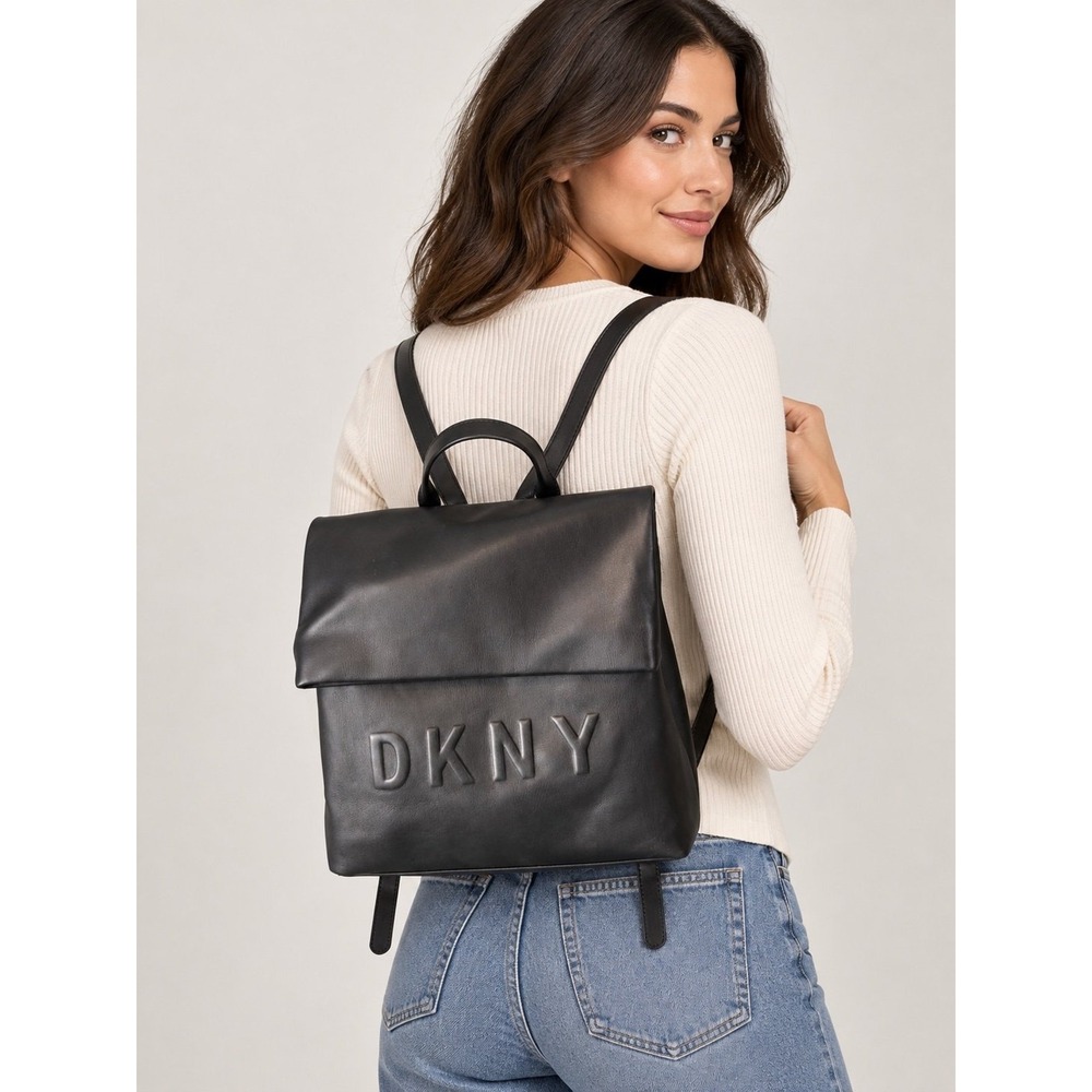 DKNY Black Foldover Backpack Embossed Logo Faux Leather Bookbag